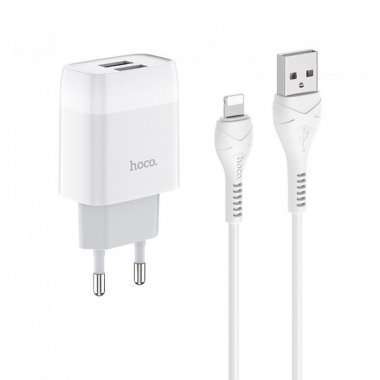 Сетевое зарядное устройство HOCO C73A Glorious 2USB с кабелем для Apple Lightning (белое) — 1