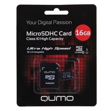 Карта памяти MicroSD 16GB Class 10 Qumo+SD адаптер UHS-1 — 1